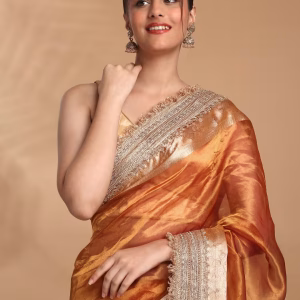 Banarasi Tissue Silk with Zari Border Gota Work Mustard Saree & Unstitched Blouse