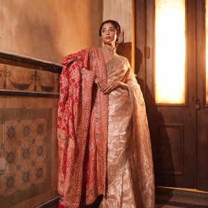 Beige Banarsi Saree with Unstitched