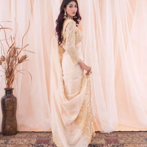 Cream Saree and Blouse with Stitched Blouse