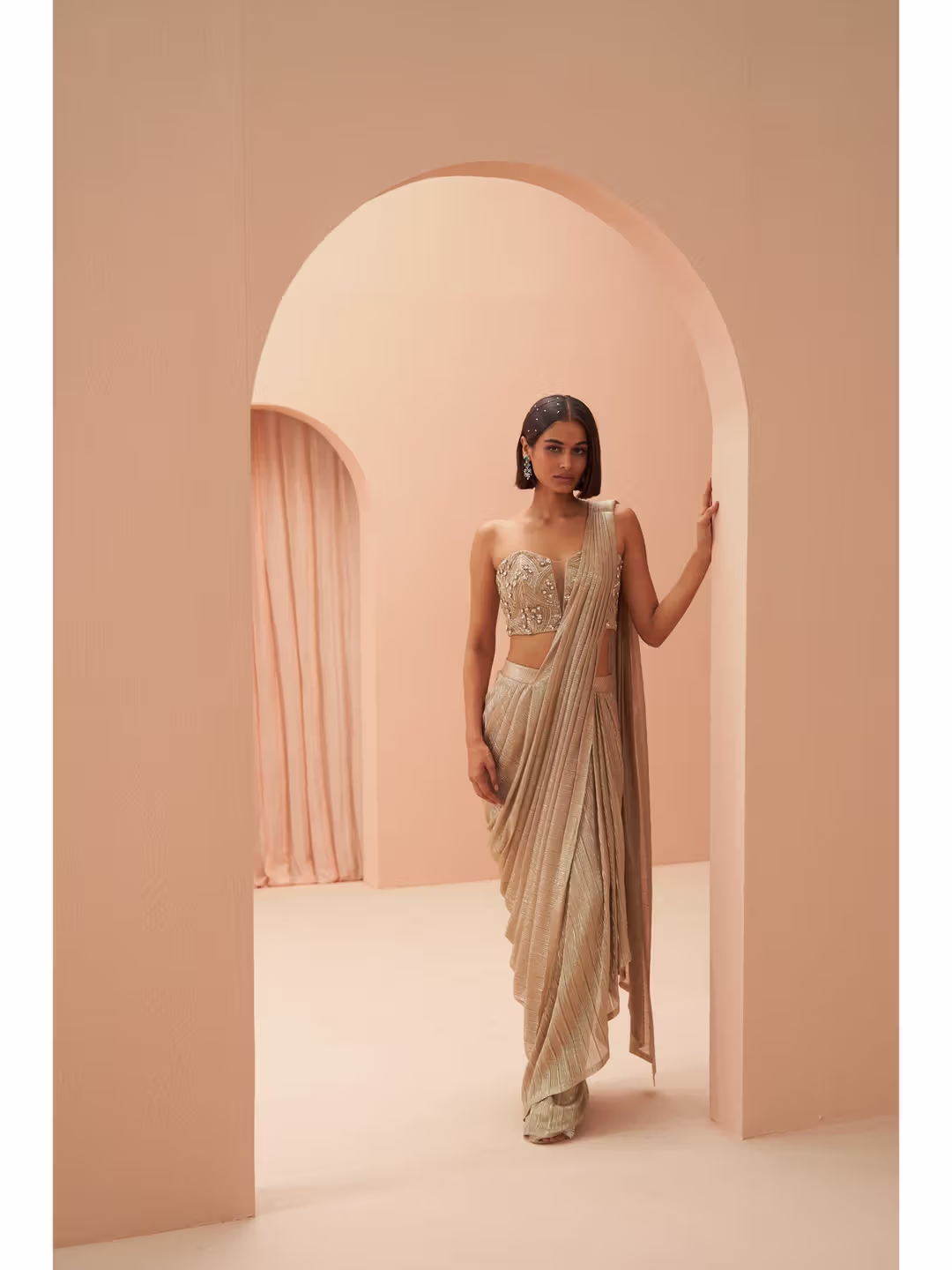 Gold Flake Pleated Saree with Stitched Blouse