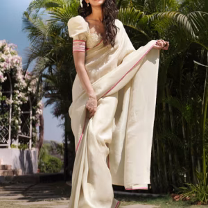 Jaipuria Beige Tissue Silk Saree with Stitched Blouse
