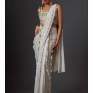Off White Embroidered Saree With Stiched Blouse