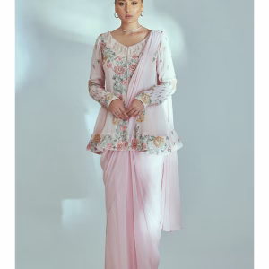 Pink Embellished Pre Drape Saree with Bustier and Blouse Jacket with Stitched