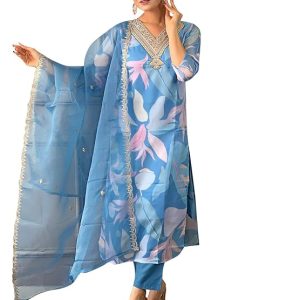 Women’s Sky Organza with Cotton Lining Embroidered and Printed Straight Kurta with Rayon Pant and Organza Laced Dupatta Sets